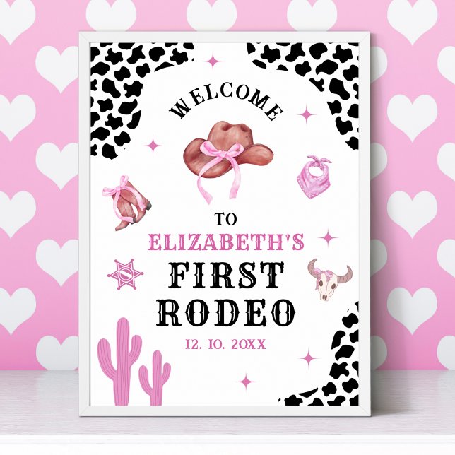 Poster Pink & Black Western Cowgirl "First Rodeo" Birthda (Criador carregado)