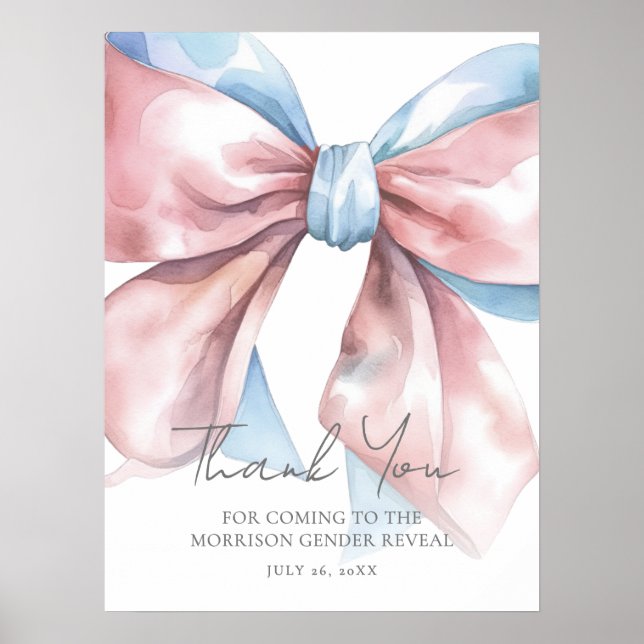 Poster Pink Blue Bow Gender Reveal Thank You Sign (Frente)