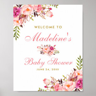 Poster Pink Blush Floral and Gold Baby Shower Welcome