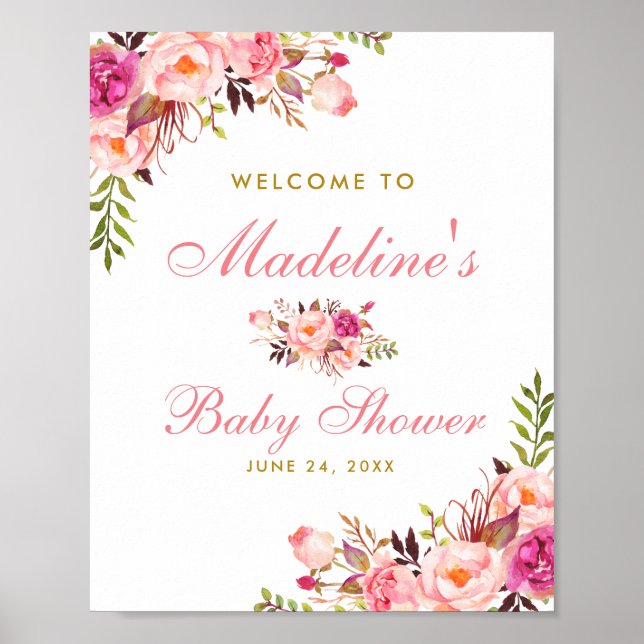 Poster Pink Blush Floral and Gold Baby Shower Welcome (Frente)