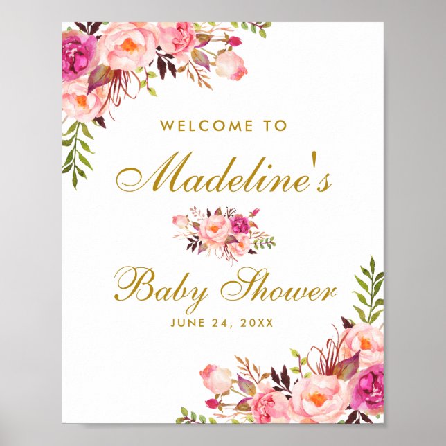 Poster Pink Blush Gold Floral Baby Shower Welcome (Frente)
