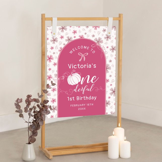 POSTER PINK BOW & ARCH FALL PUMPKIN FLOWERS BIRTHDAY (Criador carregado)