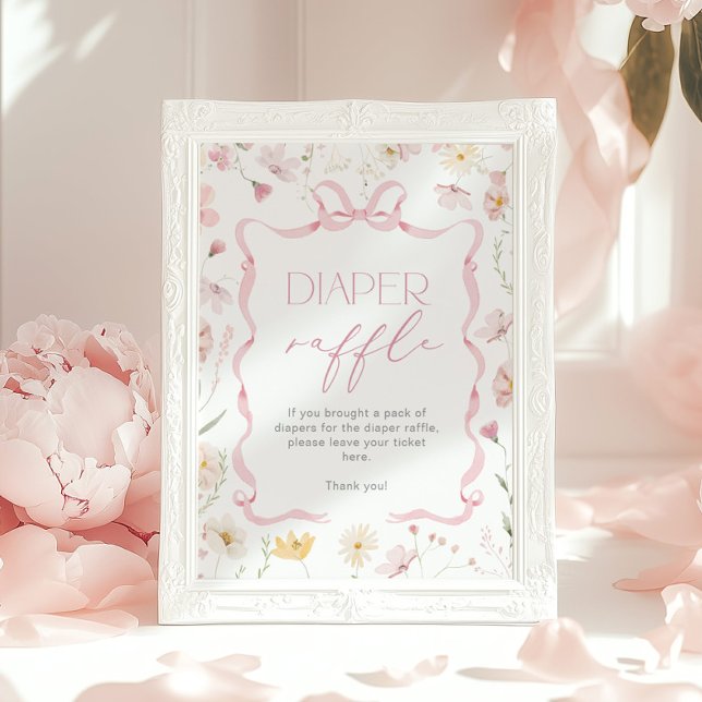 Poster Pink Bow Diaper raffle Wildflower Baby shower (Criador carregado)