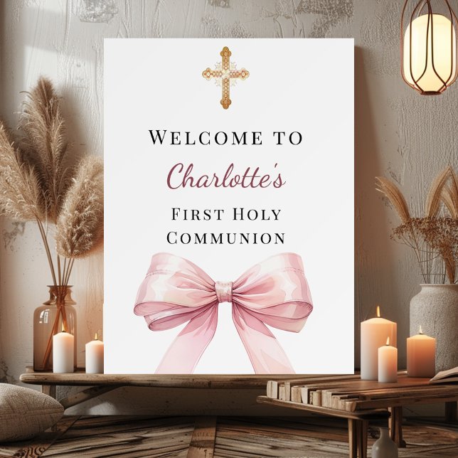 Poster Pink bow First Holy Communion welcome (Criador carregado)