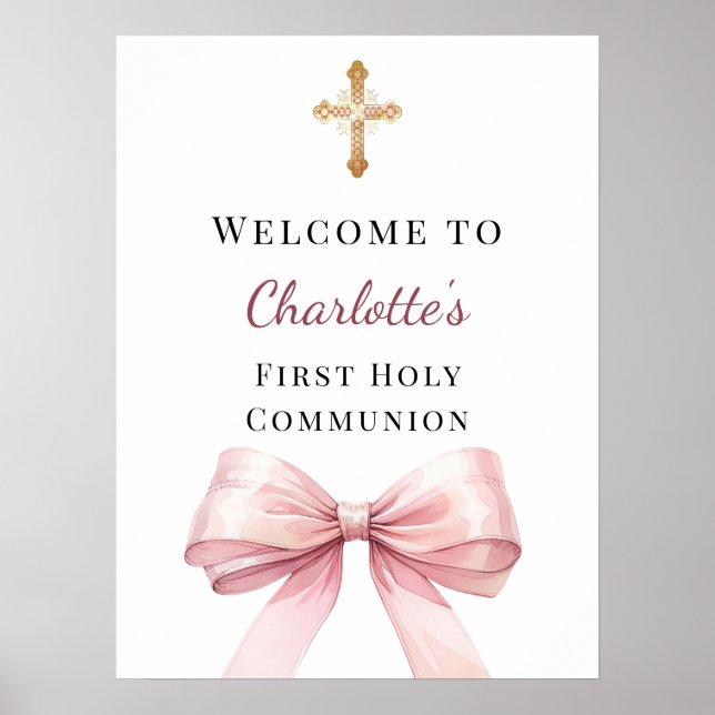 Poster Pink bow First Holy Communion welcome (Frente)
