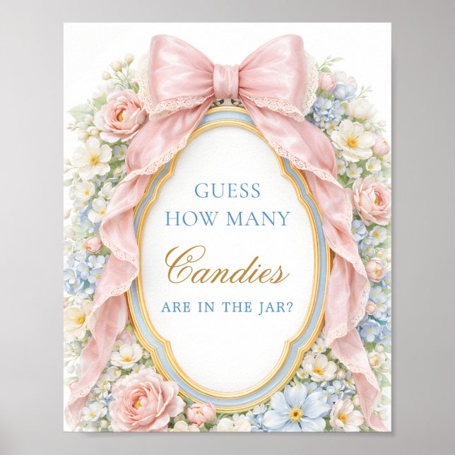 Poster Pink Bow Floral Baby Guess How Many Candies (Frente)
