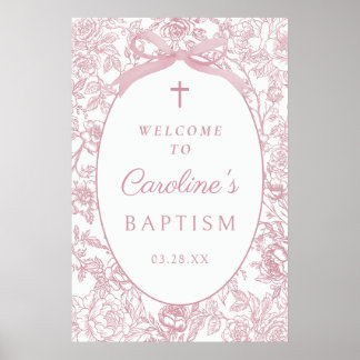 Poster Pink Bow Floral Chinoiserie Baptism Welcome Sign