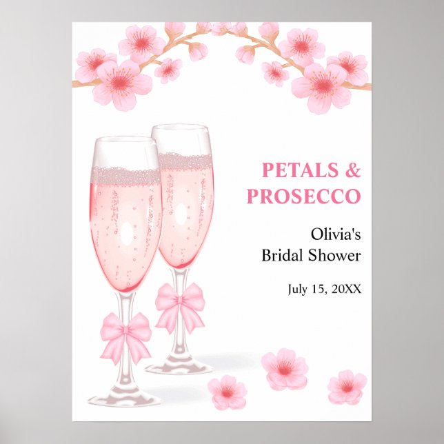 Poster Pink Bow Floral Petals & Prosecco Bridal Shower  (Frente)