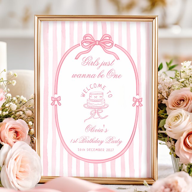 Poster Pink Bow Girl 1st Birthday Welcome (Criador carregado)
