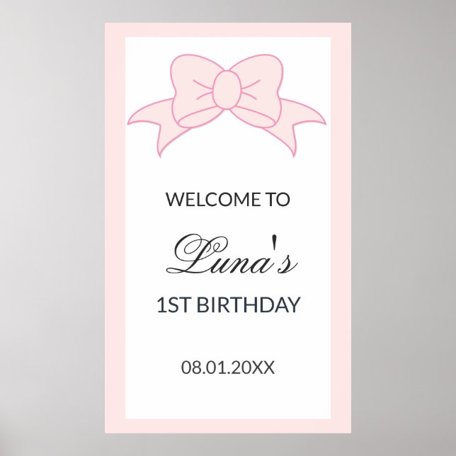 Poster Pink Bow Girl Kids 1st Birthday  (Frente)
