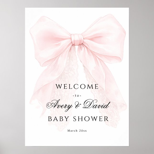 Poster Pink Bow Girl Modern Baby Shower  (Frente)
