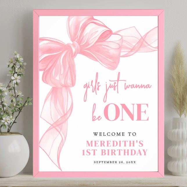 Poster Pink Bow Girls 1st Birthday Welcome Sign (Pink Bow Girls 1st Birthday Welcome Sign)