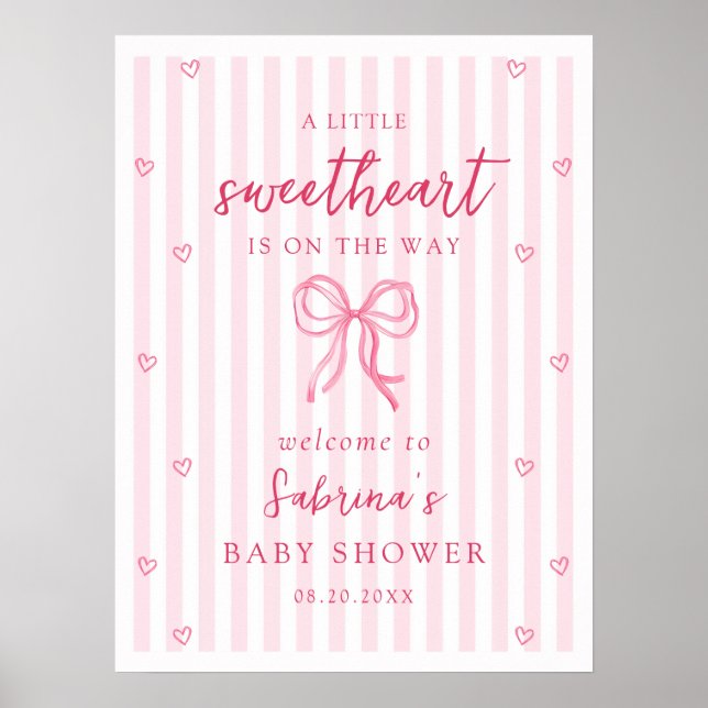 Poster Pink Bow Little Sweetheart Baby Shower Welcome (Frente)