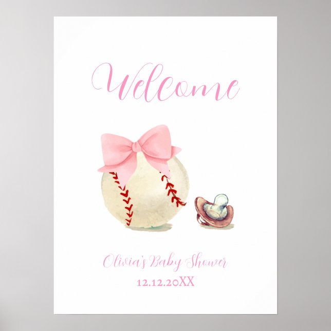 Poster Pink Bow Pacifier Baseball Baby Shower Welcome (Frente)