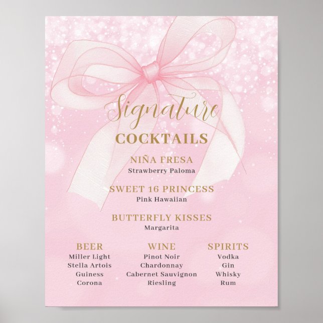 Poster Pink Bow Ribbon Sweet 16 Signature Cocktails Menu (Frente)