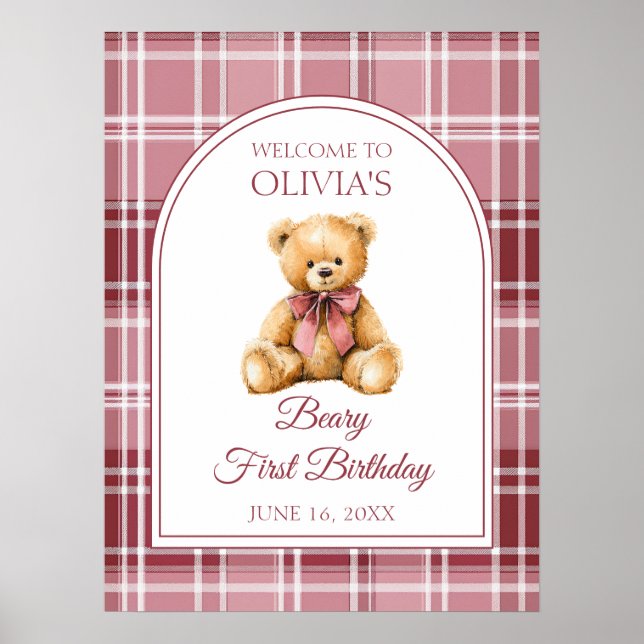 Poster Pink Bow Teddy Bear Birthday Welcome Sign (Frente)