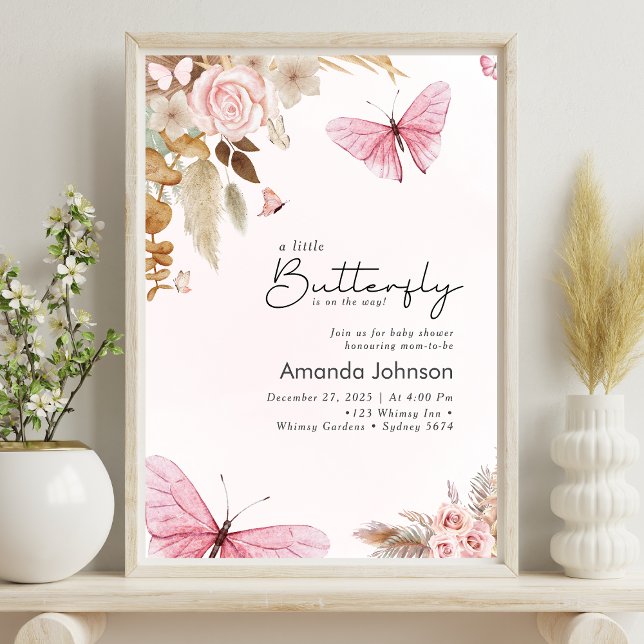 Poster Pink Butterfly Pampas Grass Bohemian Baby Shower  (Criador carregado)