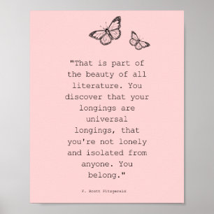 Poster Pink Butterly F Scott Fitzgerald Citação