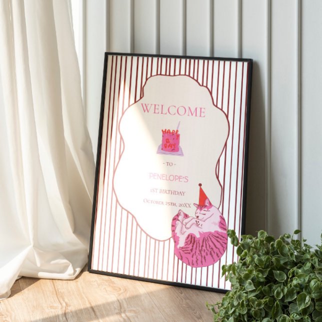 Poster Pink Cake One Silly Cat 1st Birthday Welcome (Criador carregado)