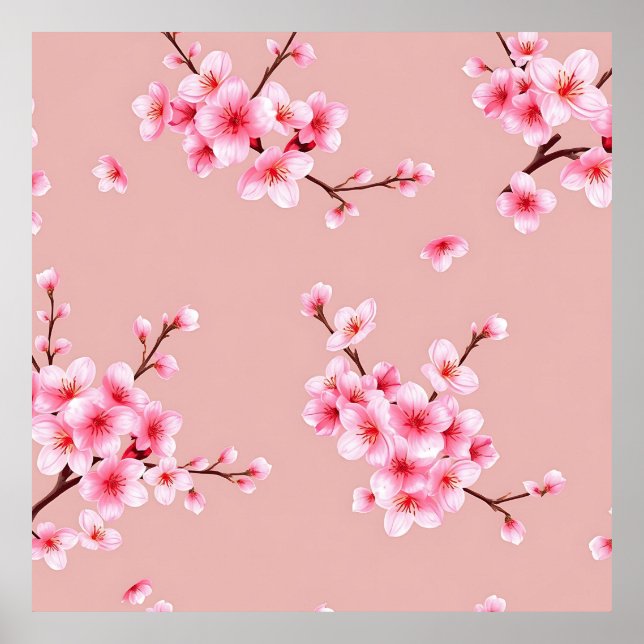 Poster Pink Cherry Blossom Branches Pattern (Frente)