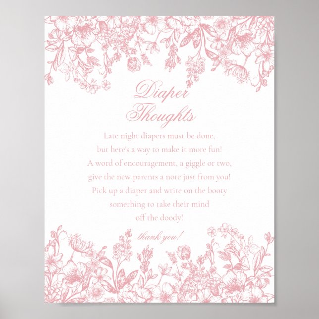Poster Pink Chinoiserie Flora Diaper Thoughts Baby Shower (Frente)