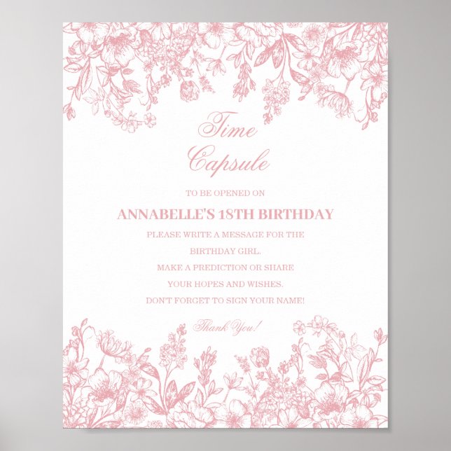 Poster Pink Chinoiserie Floral Time Capsule Baby Birthday (Frente)