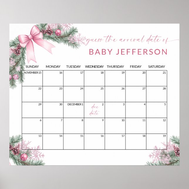 Poster Pink Christmas Baby Shower Guess Due Date Calendar (Frente)