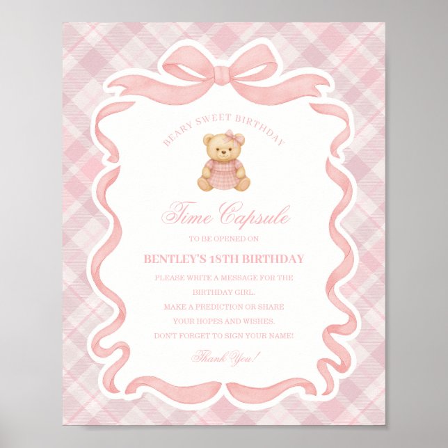 Poster Pink Coquette Bow Bear Birthday Time Capsule (Frente)