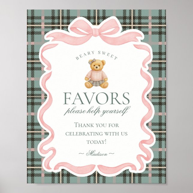 Poster Pink Coquette Bow Bear Plaid Party Favors Sign (Frente)