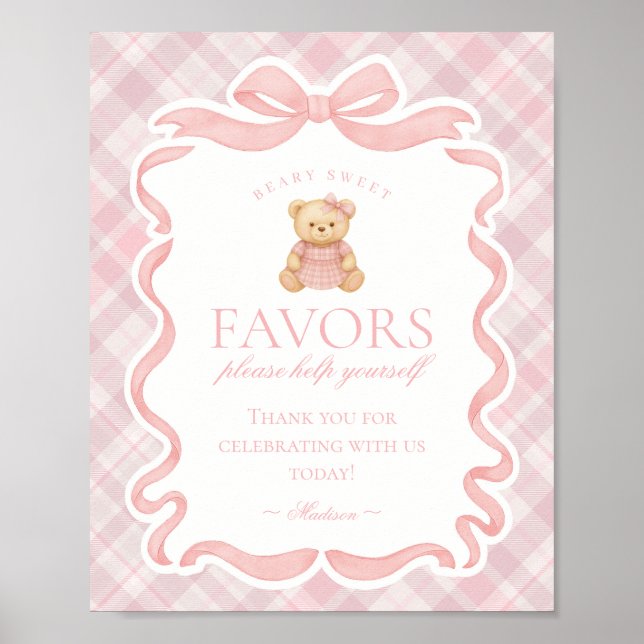 Poster Pink Coquette Bow Bear Plaid Party Favors Sign (Frente)