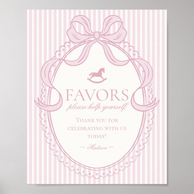 Poster Pink Coquette Bow Rocking Horse Favors Sign (Frente)