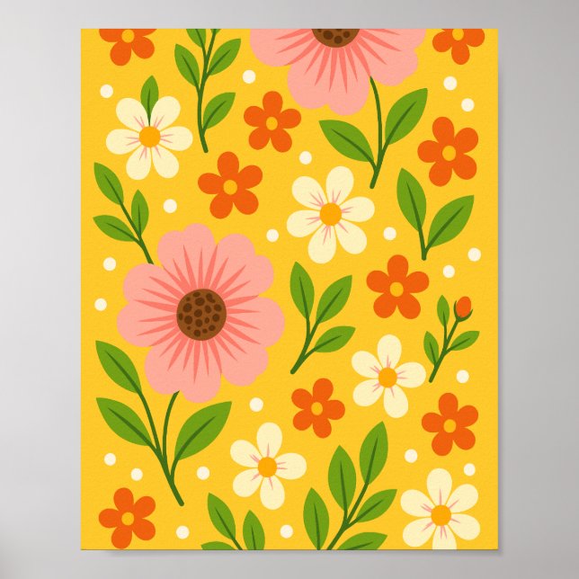 Poster Pink, cream & Orange Flowers with Green Leaves (Frente)