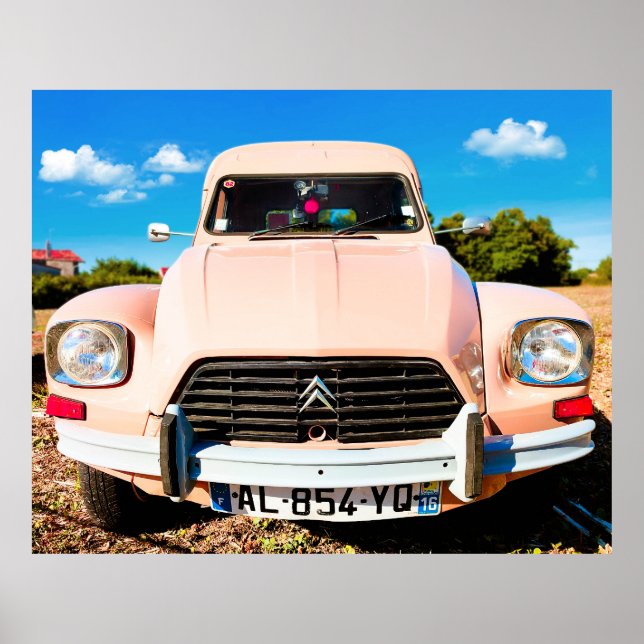 Poster Pink Deux Chevaux, carro francês vintage. (Frente)