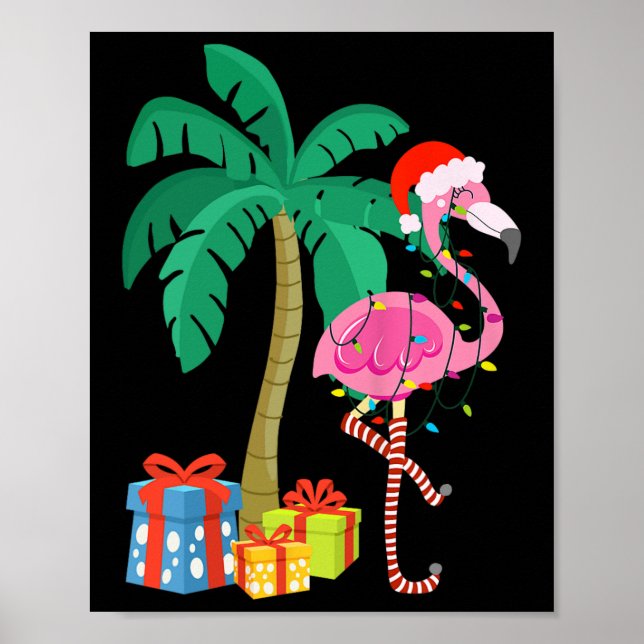 Poster Pink Flamingo Christmas Palm Tree Tropical Xmas Fu (Frente)
