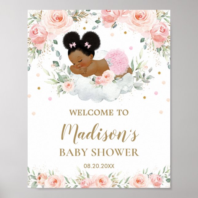 Poster Pink Floral African American Baby Shower Welcome  (Frente)