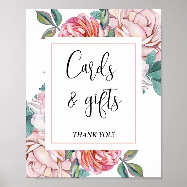 Poster Pink Floral Baby Shower Cards and Gifts sign (Frente)