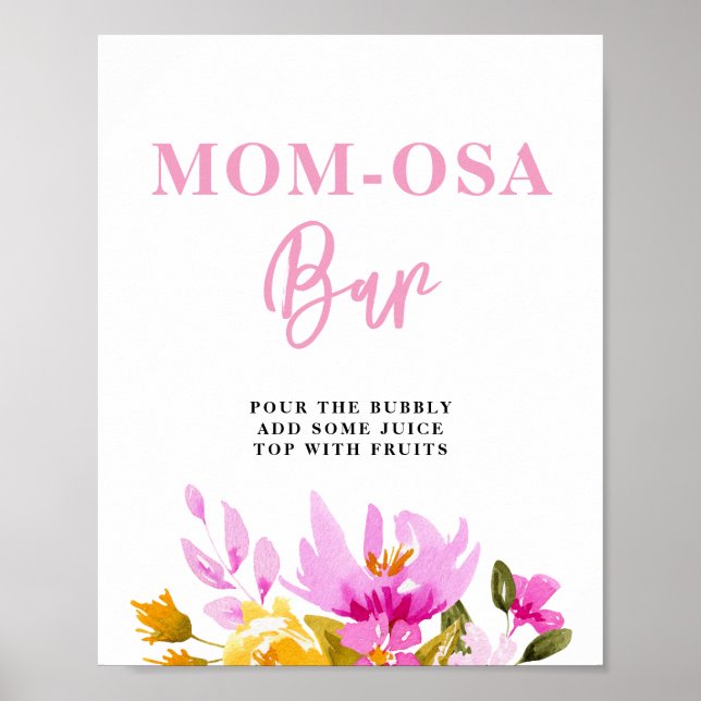 Poster Pink Floral Baby Shower Mom-osa Bar (Frente)