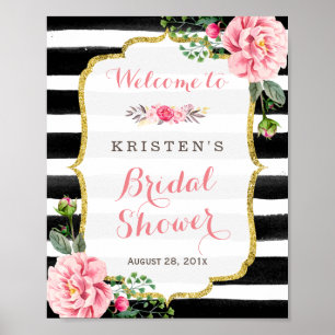 Pôster Pink Floral Black White Stripes Bridal Shower Sign