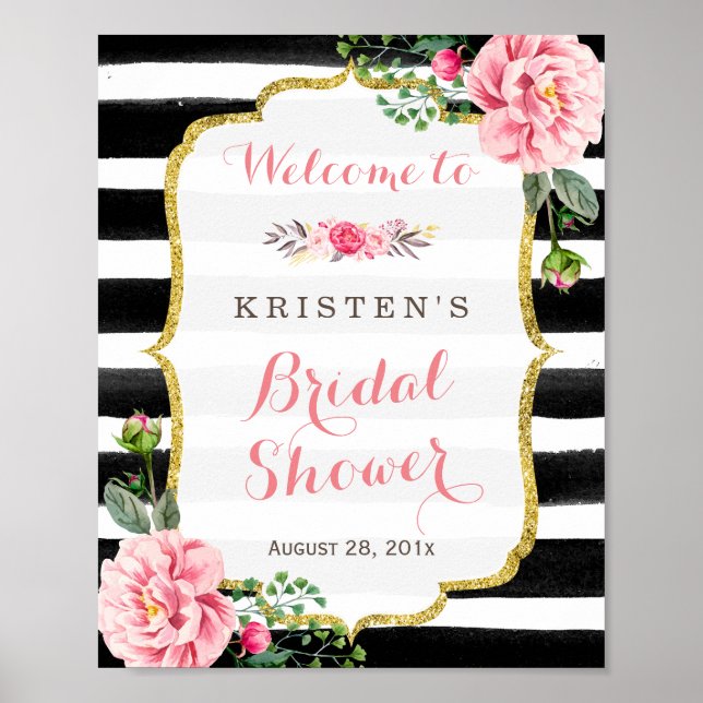 Pôster Pink Floral Black White Stripes Bridal Shower Sign (Frente)