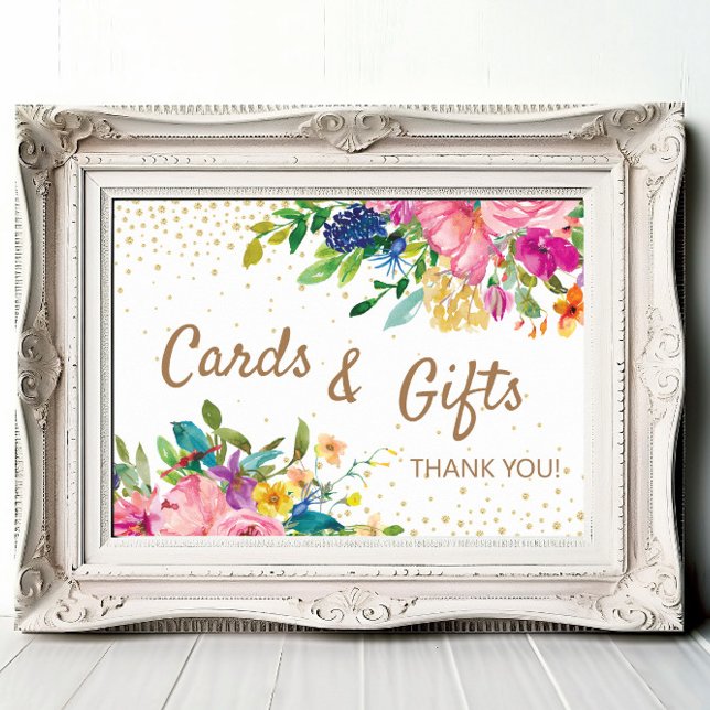 Poster Pink Floral Cards Gifts Baby Shower (Pink, blue, and yellow watercolor floral and gold glitter baby shower cards and gifts sign)