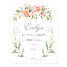 Pink Floral Foliage Baby Birth Announcement Sign