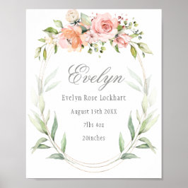Poster Pink Floral Foliage Baby Birth Announcement Sign