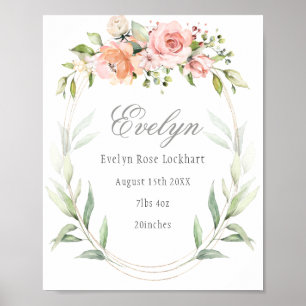 Poster Pink Floral Foliage Baby Birth Announcement Sign