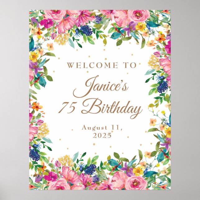 Poster Pink Floral Gold Glitter 75th Birthday Welcome  (Frente)