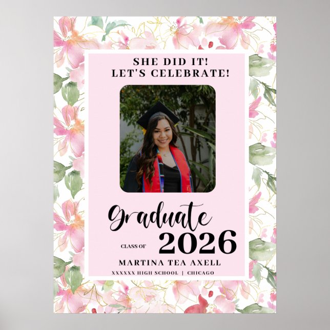 Poster Pink Floral Photo Graduation Party Welcome  (Frente)