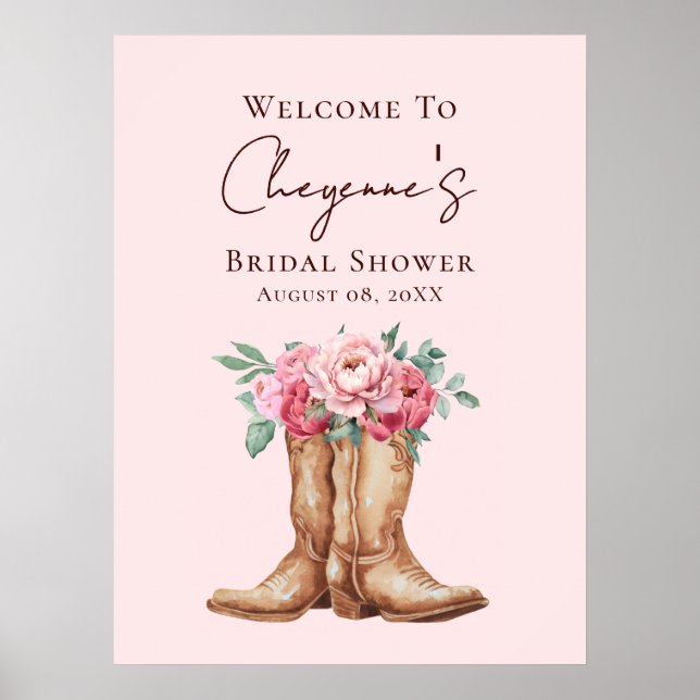 Poster Pink Floral Rustic Cowgirl Bridal Shower Welcome (Frente)