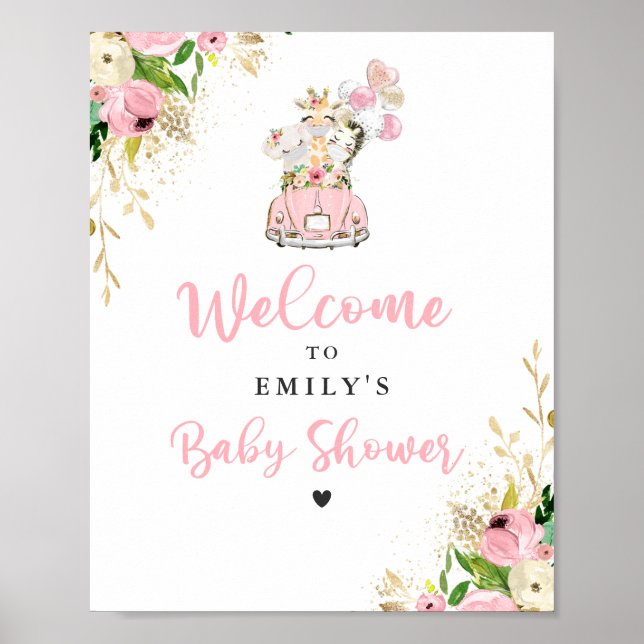 Poster Pink Floral Safari Animals Drive By Baby Shower (Frente)