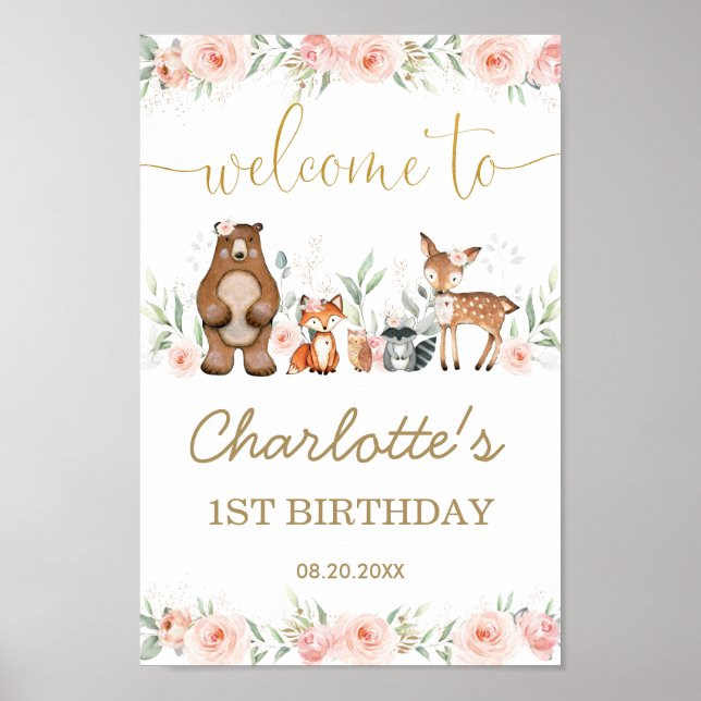 Poster Pink Floral Woodland Animal 1st Birthday Welcome   (Frente)