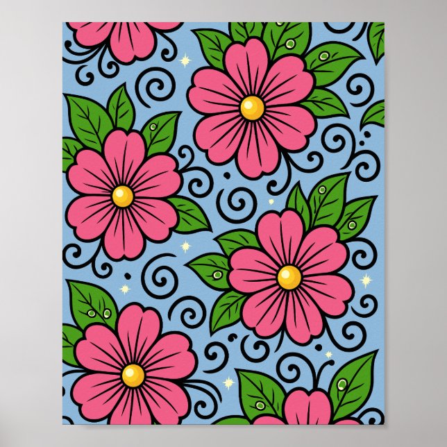 Poster Pink Florals with Green Leaves and Curved Details (Frente)