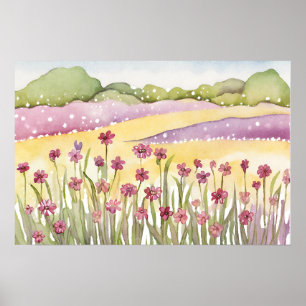 Poster Pink Flower field sunset Cores de água de pintura